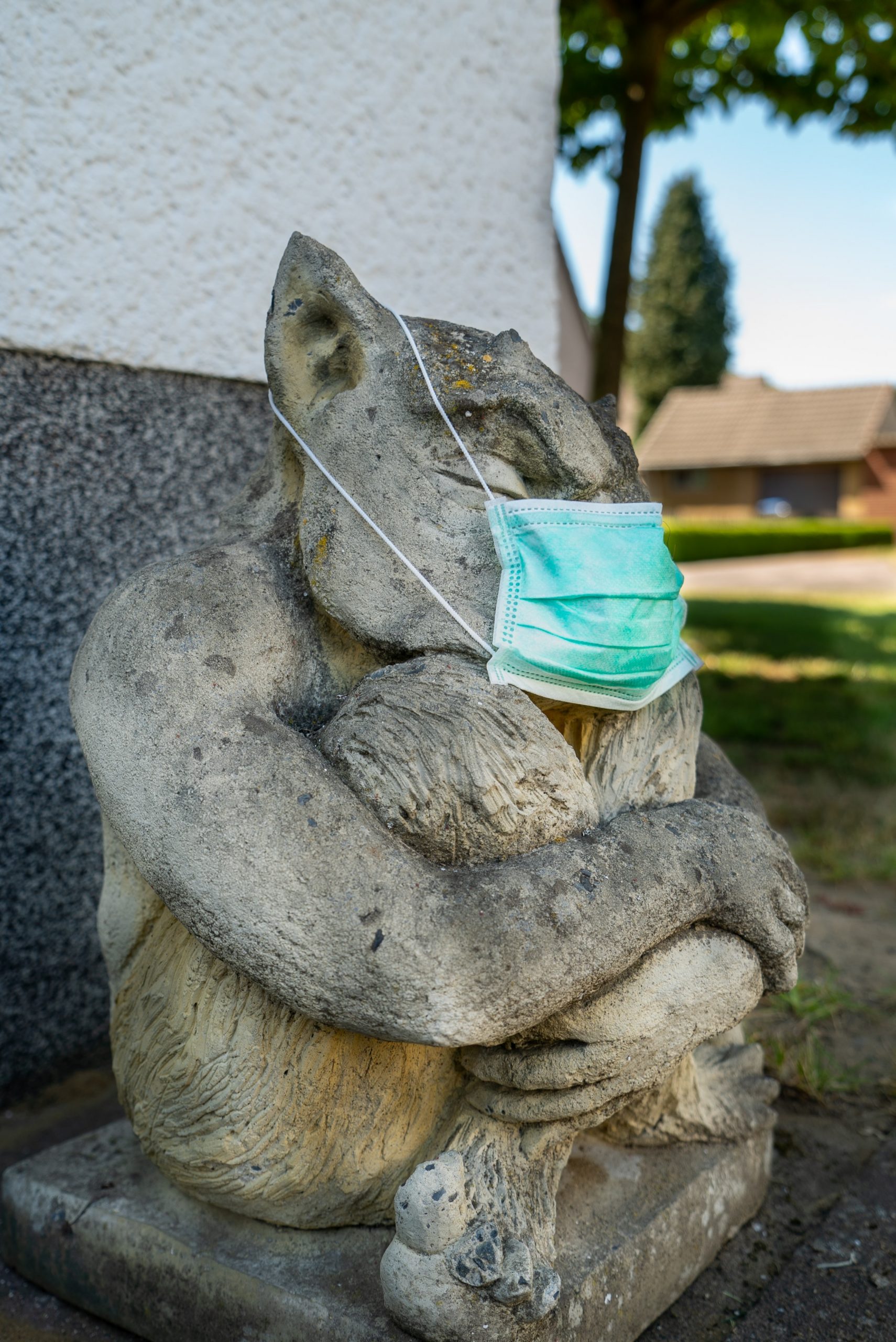 Seated animal statue wearing anti coronavirus mask